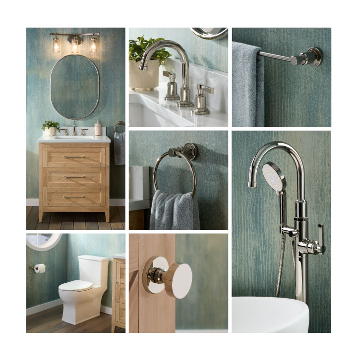 Arrietty Vanity - Natural Bamboo, Greyfield Faucet, Towel Ring, Towel Rod, Tub Faucet, Carraway Toilet in Chrome, 