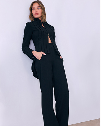 Black Tuxedo-Inspired Jacket With Statement Pleating