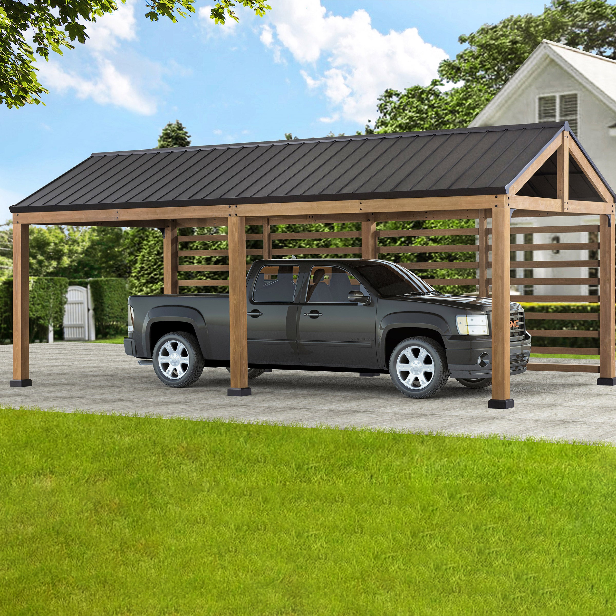 Sunjoy Newville FSC Wood Carport with Privacy Wall and Rain Gutter, 10' x 20'