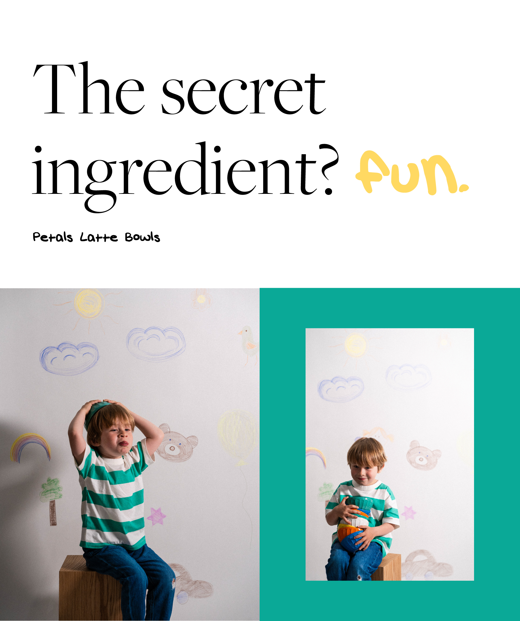 The Secret Ingredient: Joy and subtitle Children's Day with the Petals Latte Bowls, featuring two photos of a child playing in an illustrated setting