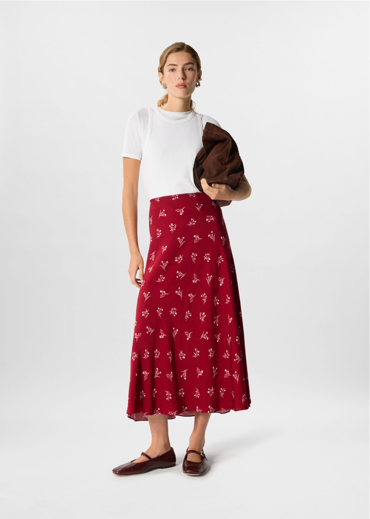 Burgundy Floral Fit And Flare Skirt