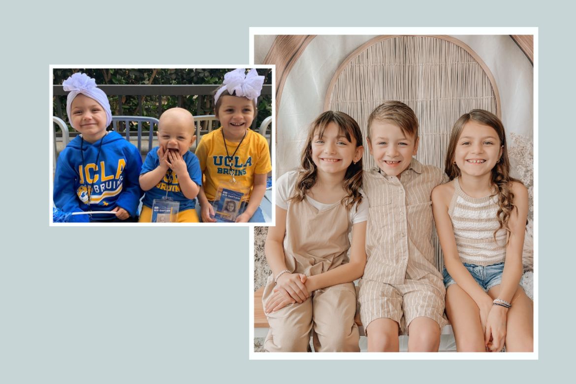 Collage of Olivia, Landon and Ava Langenhop as patients and in tan outfits present day