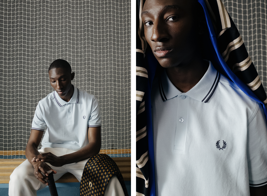 Male model wearing a Fred Perry Shirt in Light Ice / Anchor Grey / Anchor Grey
