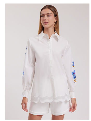 White Poplin Shirt With Blue Floral Patterns
