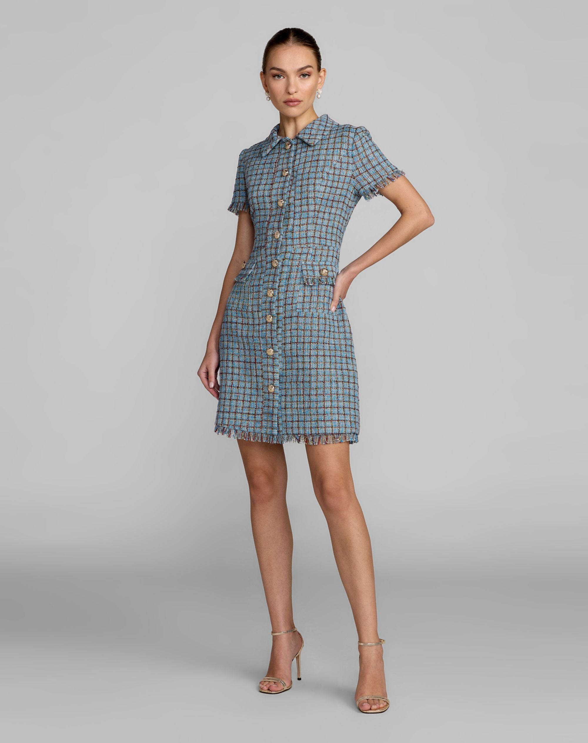 Image of Blue Short Sleeve Collared Mini Dress