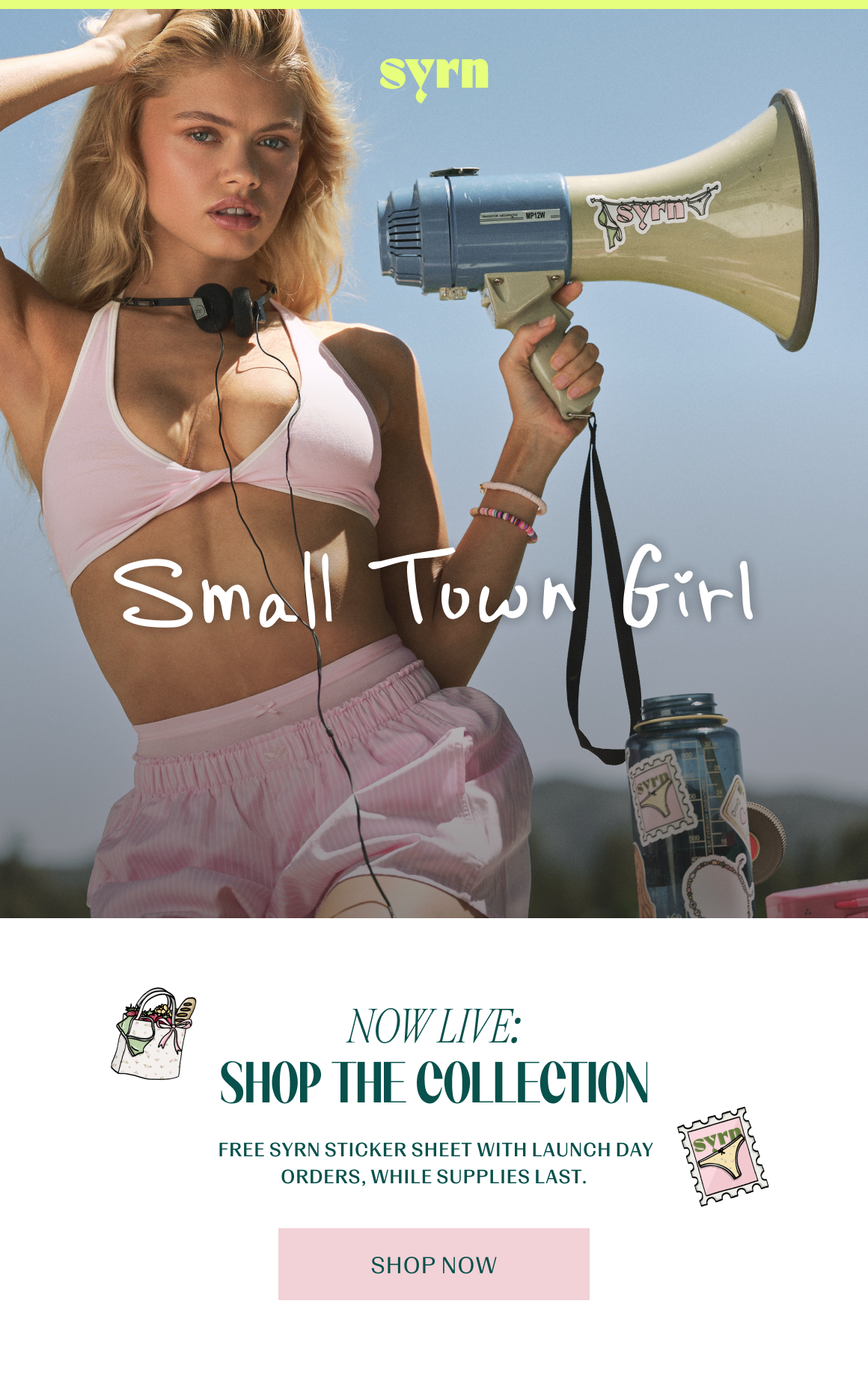 Model holding a megaphone with the text that says "Small Town Girl" on it