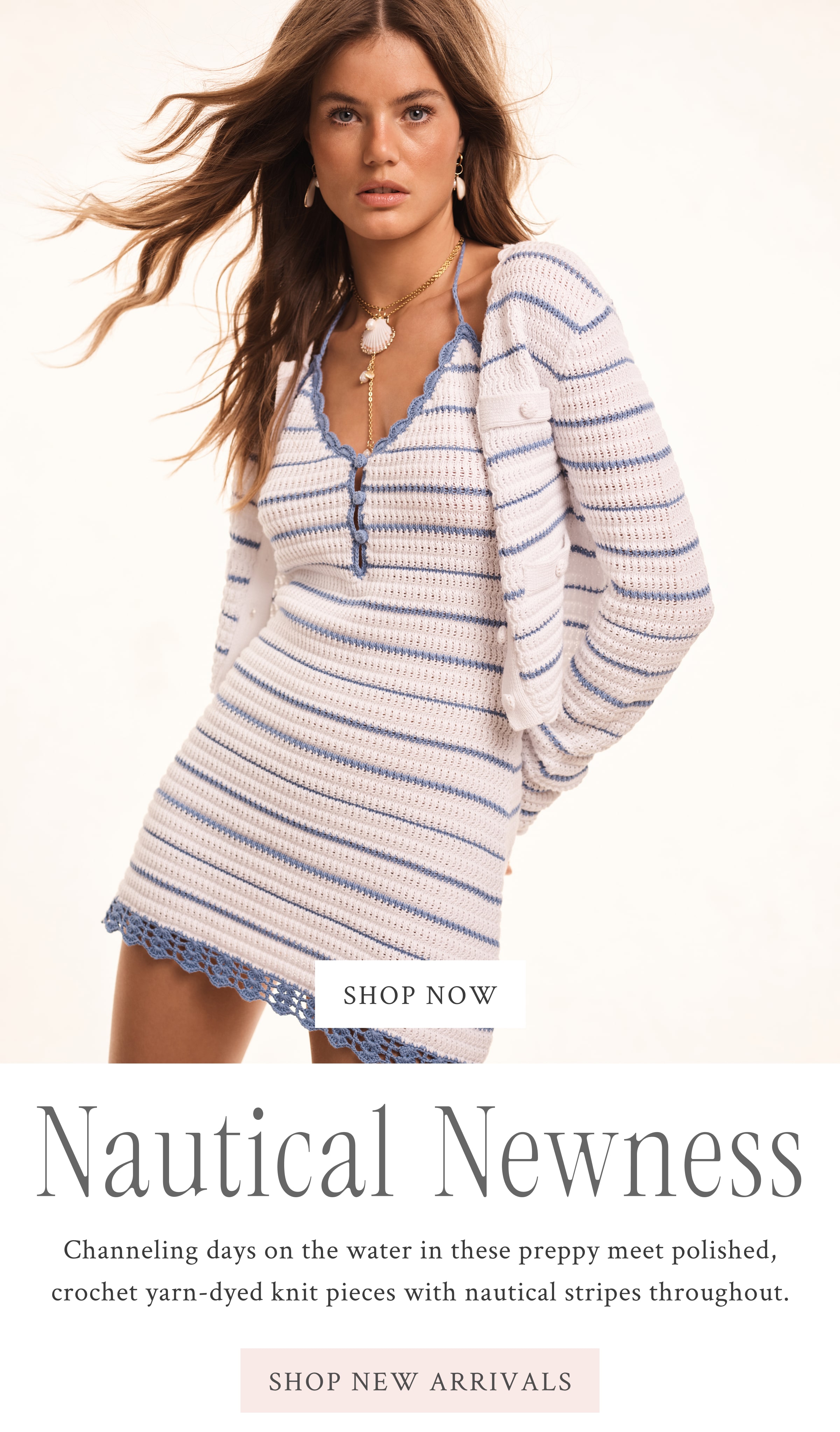 Channeling days on the water in these preppy meet polished, crochet yarn-dyed knit pieces with nautical stripes throughout. 