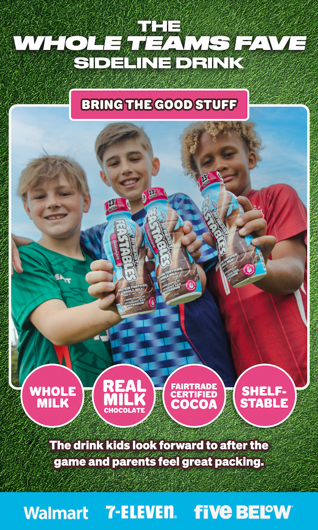 THE WHOLE TEAMS FAVE SIDELINE DRINK! Team snacks disappear fast when Feastables Chocolate Milk is in the cooler. Bring the good stuff! Purchase online or in-store at Walmart, 7-Eleven & Five Below.