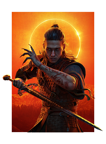 Key art for The Blood of Dawnwalker showcasing Coen at the center of a red dawn as a solar eclipse rises in the background.