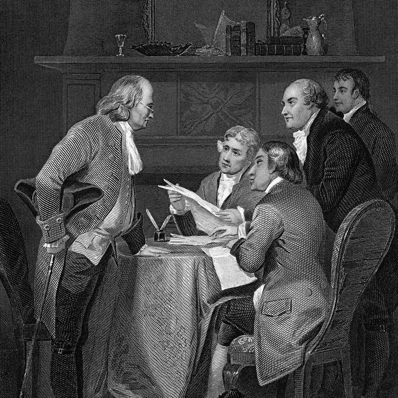 Benjamin Franklin, Thomas Jefferson, John Adams, Robert Livingston, and Roger Sherman, shown drafting the Declaration of Independence.