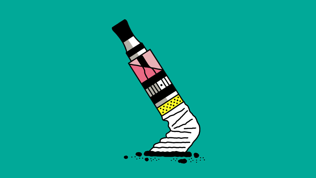 Illustration of a vape cigarette turned into a regular cigarette at the bottom. The vape has a stub. 