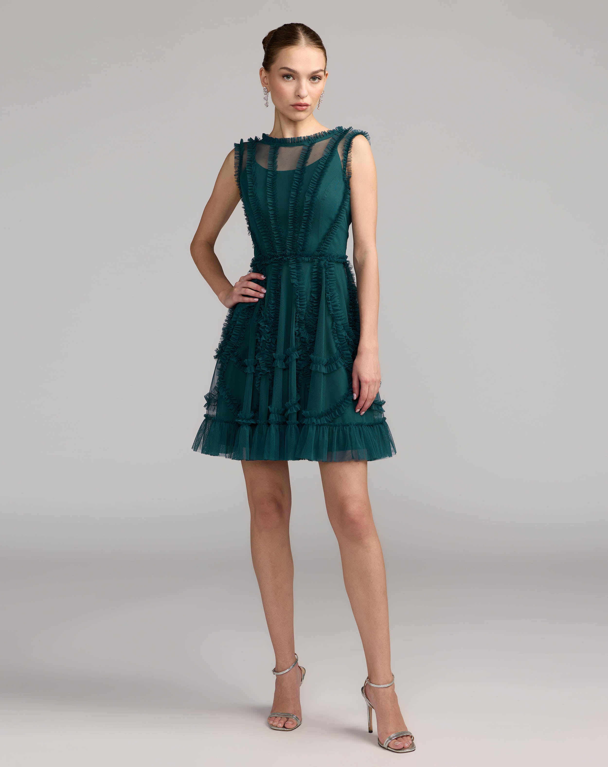 Image of Teal High Neck Sleeveless Micro Ruffle Mini Dress