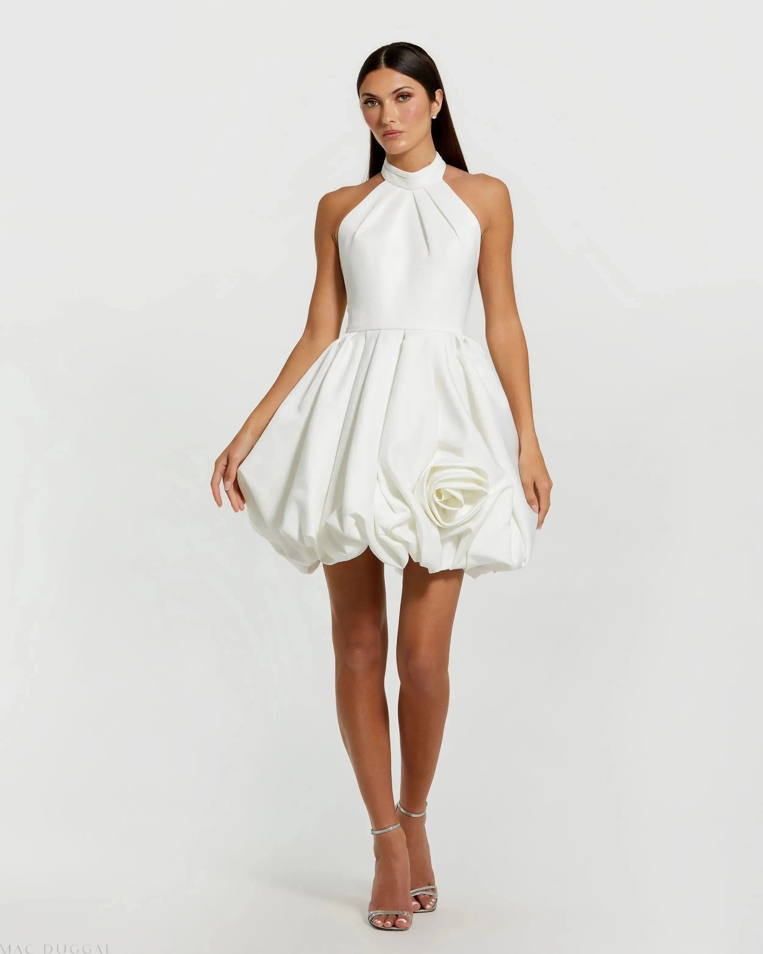 Image of White Satin Bubble Hem Backless Mini Dress