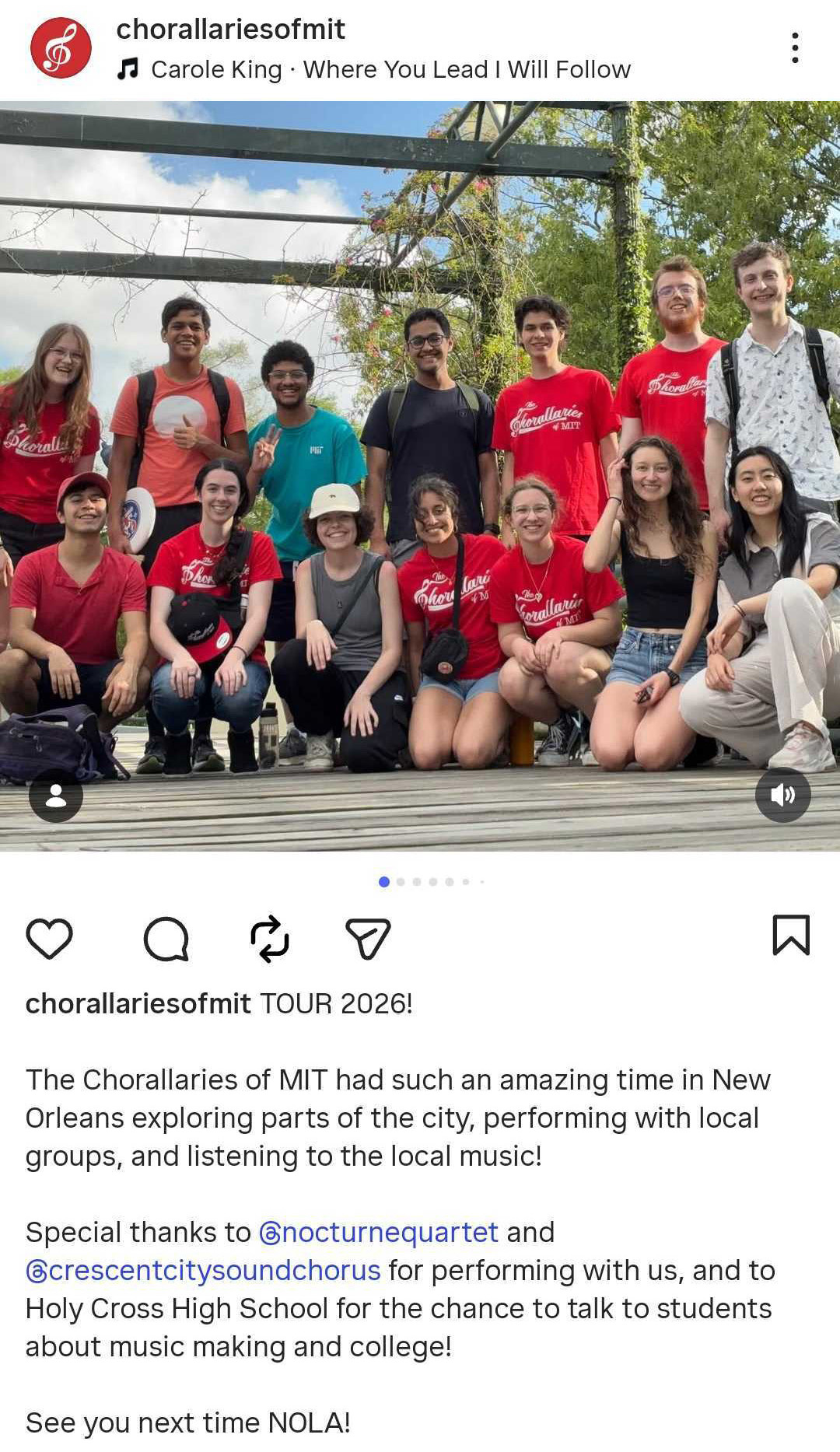 Group of 14 MIT students pose for portrait in front of metal structure, which is partially covered by plants. Text via @‌chorallariesofmit: TOUR 2026! The Chorallaries of MIT had such an amazing time in New Orleans exploring parts of the city, performing with local groups, and listening to the local music! Special thanks to @‌nocturnequartet and @‌crescentcitysoundchorus for performing with us, and to Holy Cross High School for the chance to talk to students about music making and college! See you next time NOLA!
