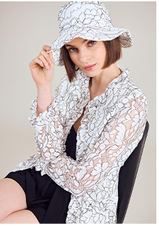 White & Black Structured Lace Jacket With Ruffle Trim, Patch Pockets And Hook And Eye Closure