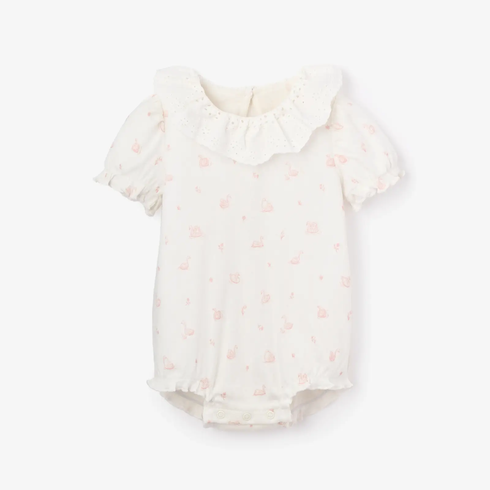 Image of Pink Swan Print Organic Cotton Rib Baby Bubble Romper