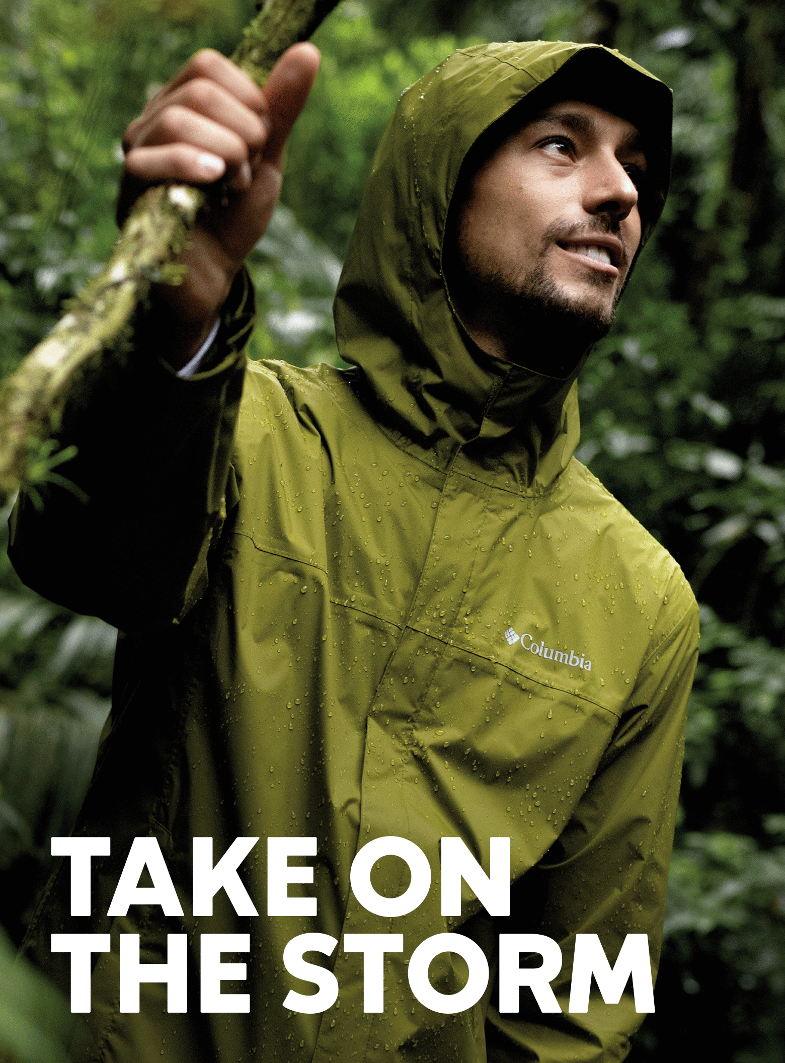 A rotating gif showing a man wearing a green rain jacket in a downpour