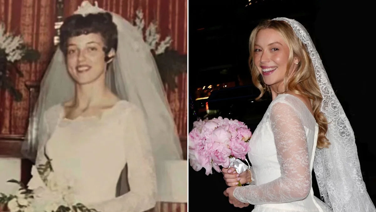 Two women wearing the same wedding dress, years apart.