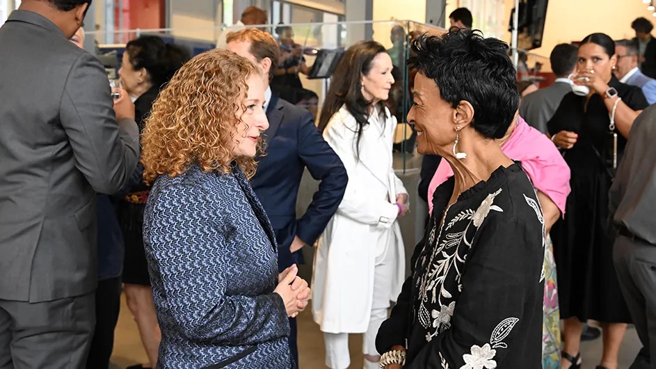 Columbia University President Jennifer L. Mnookin converses with Peggy Shepard, Co-Founder and Executive Director of WE ACT for Environmental Justice, at a Community Partners Breakfast hosted at the Lee C. Bollinger Forum on July 7, 2026. Photo by Eileen Barroso.