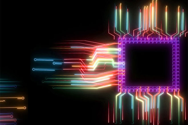 A rendering of light moving through circuits into a semiconductor chip.