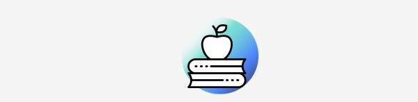 Outline icon of an apple on a stack of two books, symbolizing education.