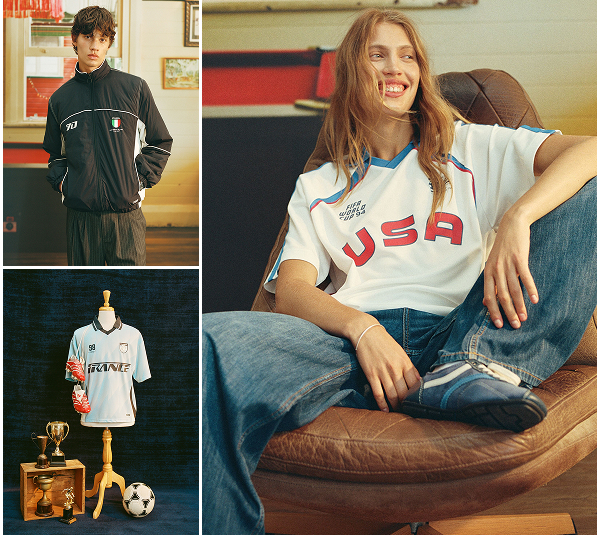 Girl wearing USA graphic t-shirt and jeans sitting on couch; boy in black track jacket; France soccer jersey with trophy and ball
