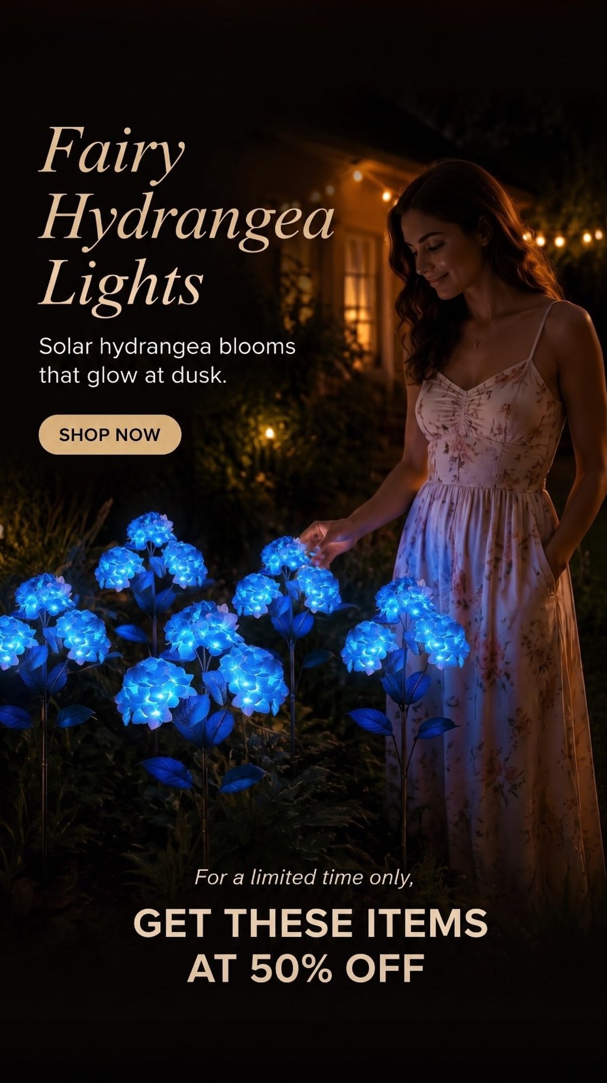 Fairy Hydrangea Lights, solar hydrangea blooms that glow blue at dusk. For a limited time, get these items at 50% off. Shop now.