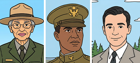 Three illustrated portraits of historic park trailblazers