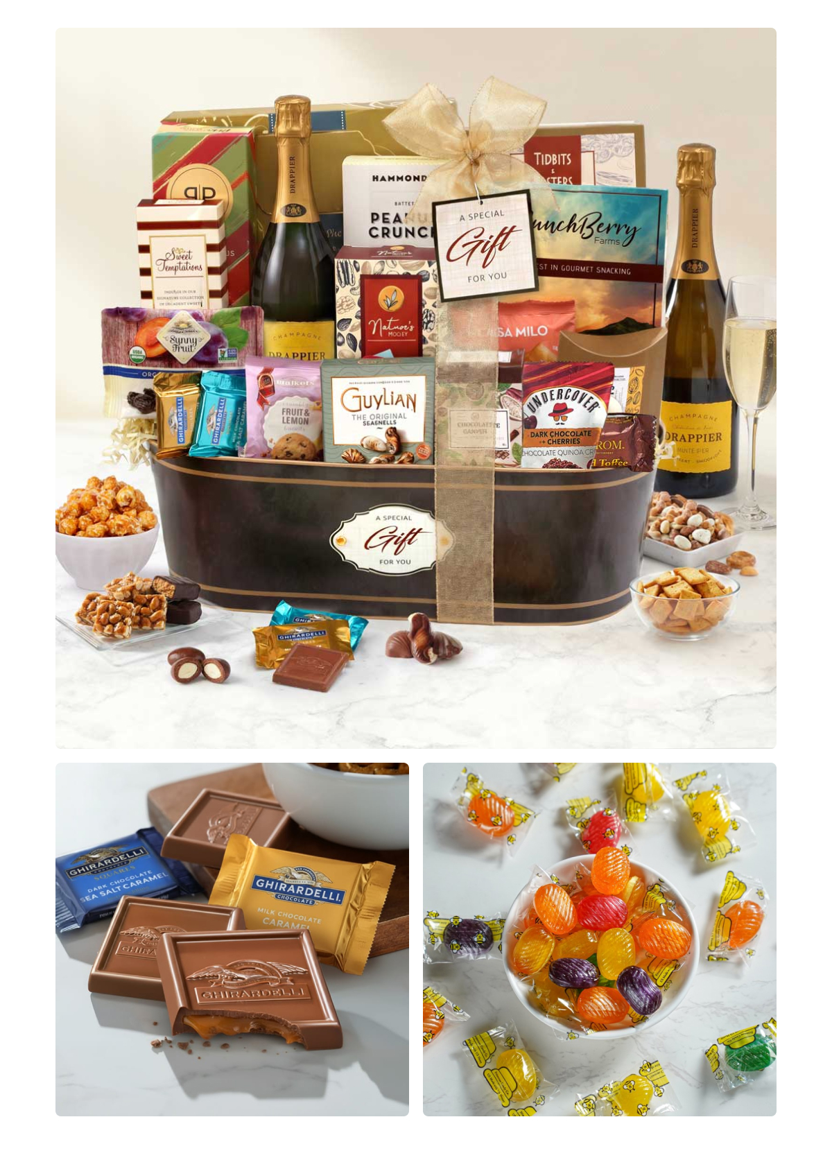 Inside the Drappier Champagne Celebration Basket: the full basket, champagne glasses, and assorted sweets