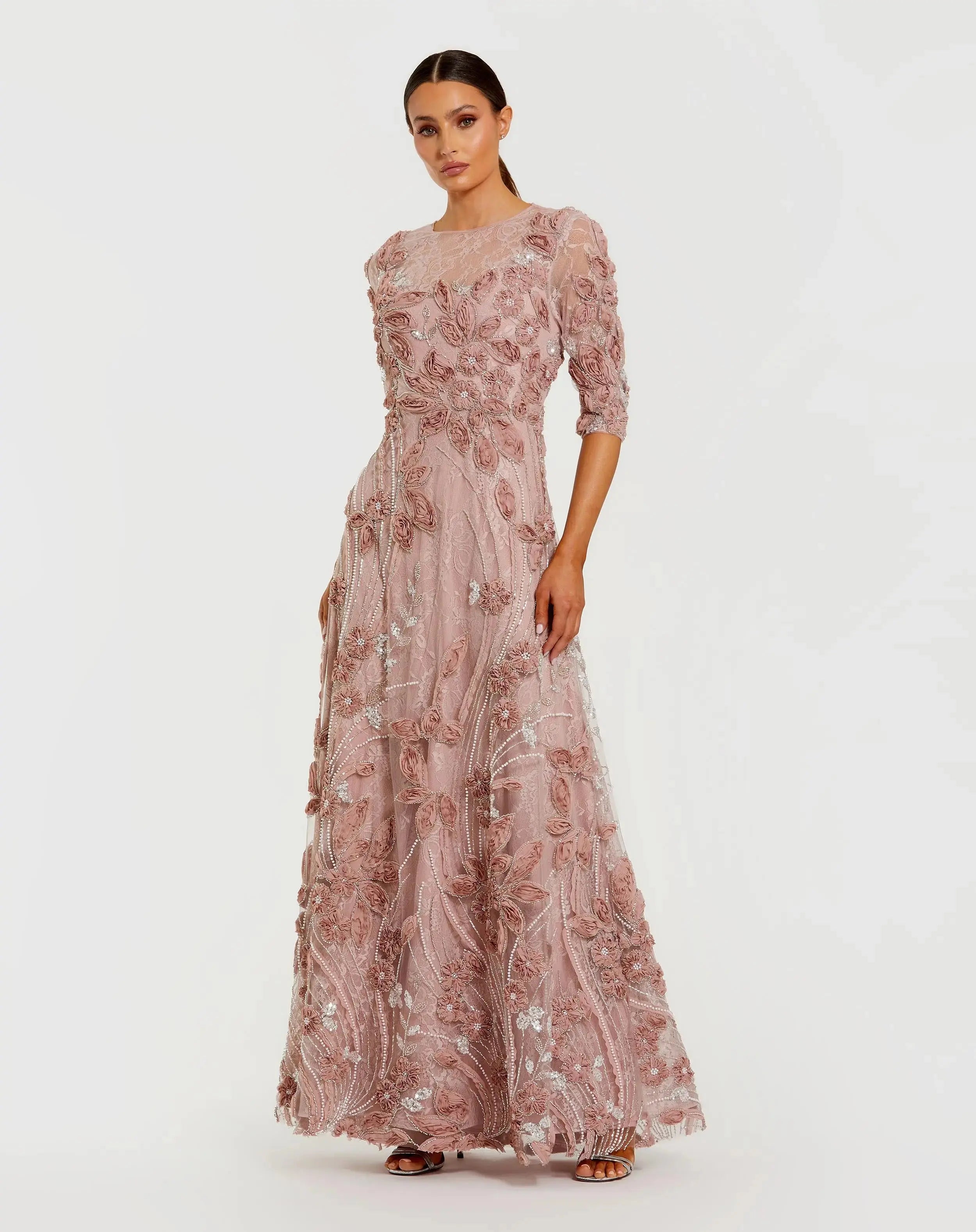 Image of Pink High Neck Embellished Lace Gown with 3/4 Sleeves