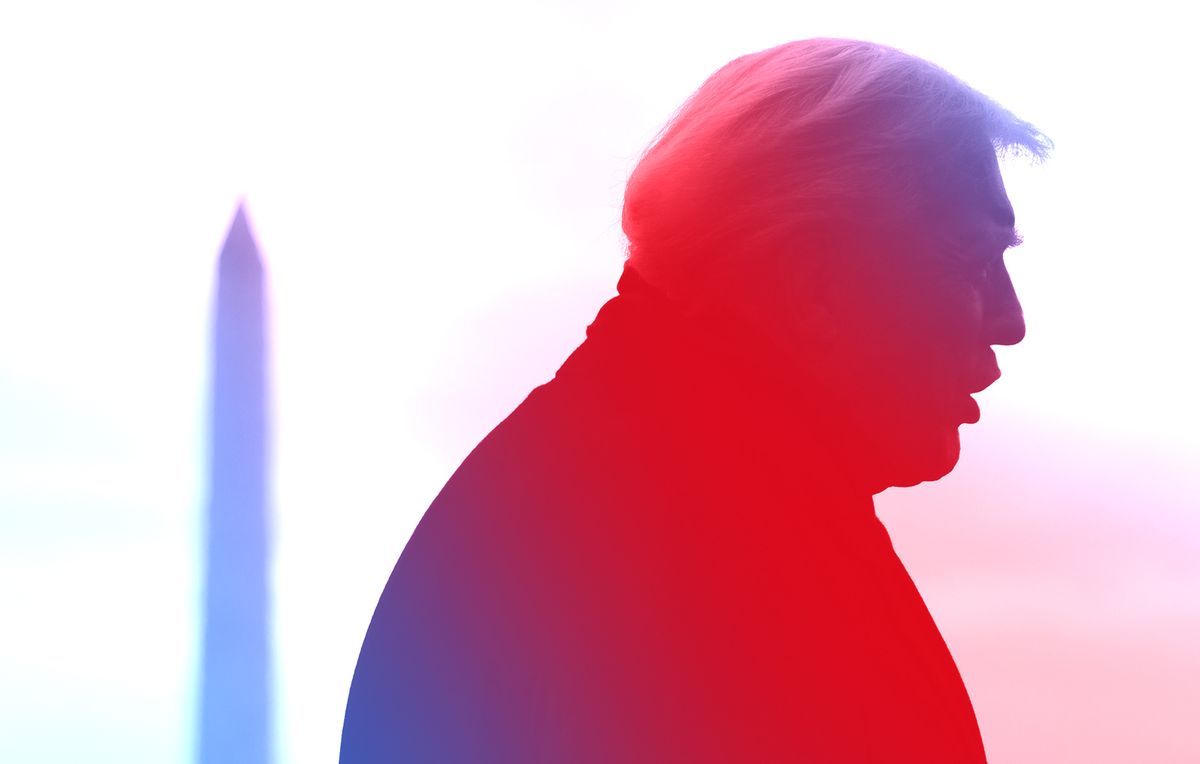 A photo of Donald Trump in silhouette, with a red-and-blue overlay treatment.