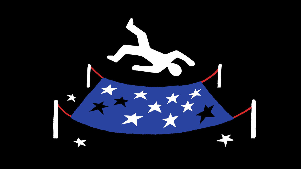 An illustration of a figure falling onto a blue safety net with white stars—some stars are on the floor leaving gaps. 