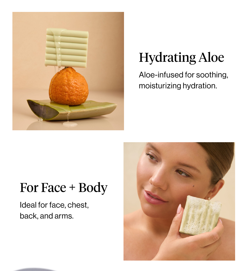 Hydrating Aloe: Aloe-infused for soothing, moisturizing hydration.  Face + Body Use: Ideal for face, chest, back, and arms.
