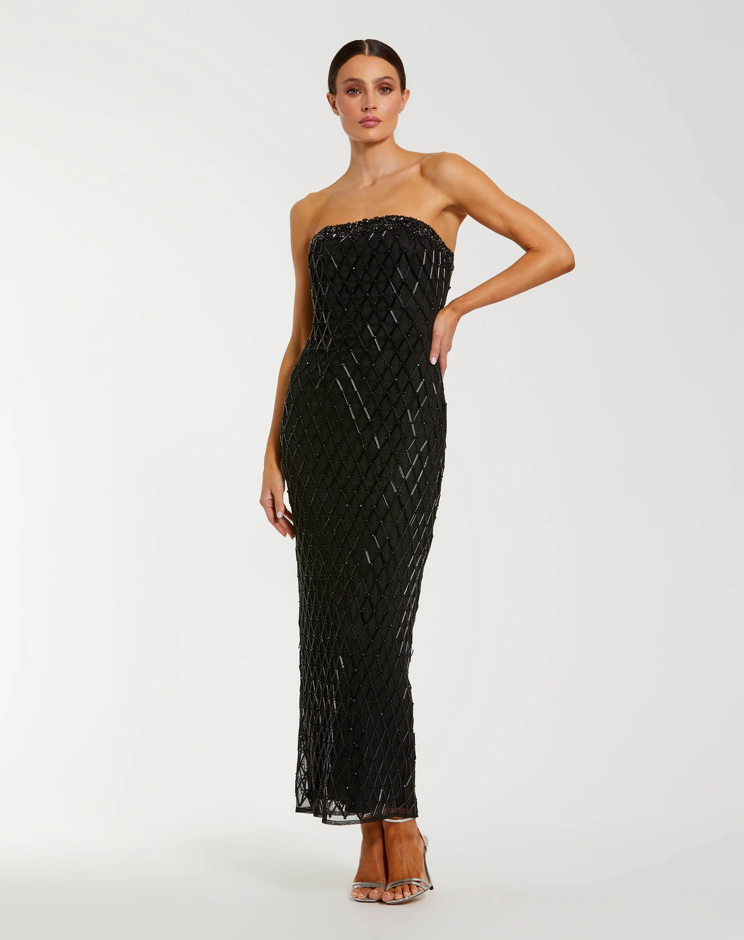 Image of Black Strapless Embellished Column Dress