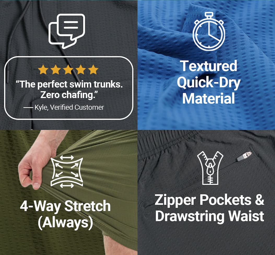 The Perfect swim trunks. Zero chafing. -Kyle, verified customer. Textured quick dry material. 4-way stretch (always.) Zipper pockets, drawtring waist.