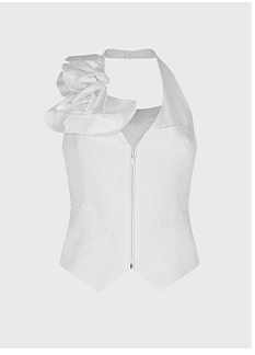 White Cotton Pique Waistcoat Featuring Hidden Zipper and Large Ruffled Flower