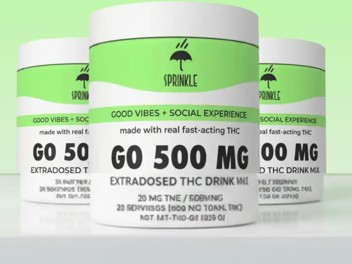 Three containers of Sprinkle THC drink mix, labeled GO 500 MG.