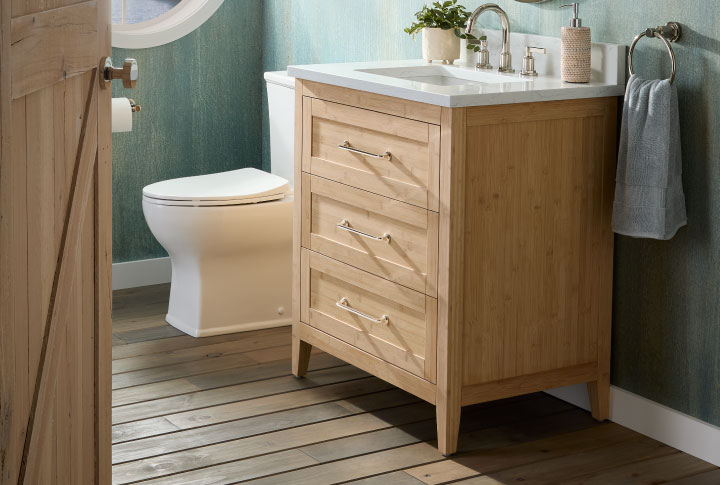 Coastal Japandi bathroom - Arrietty Vanity in Natural Bamboo, Greyfield Widespread Faucet, Towel Ring in Chrome, 
