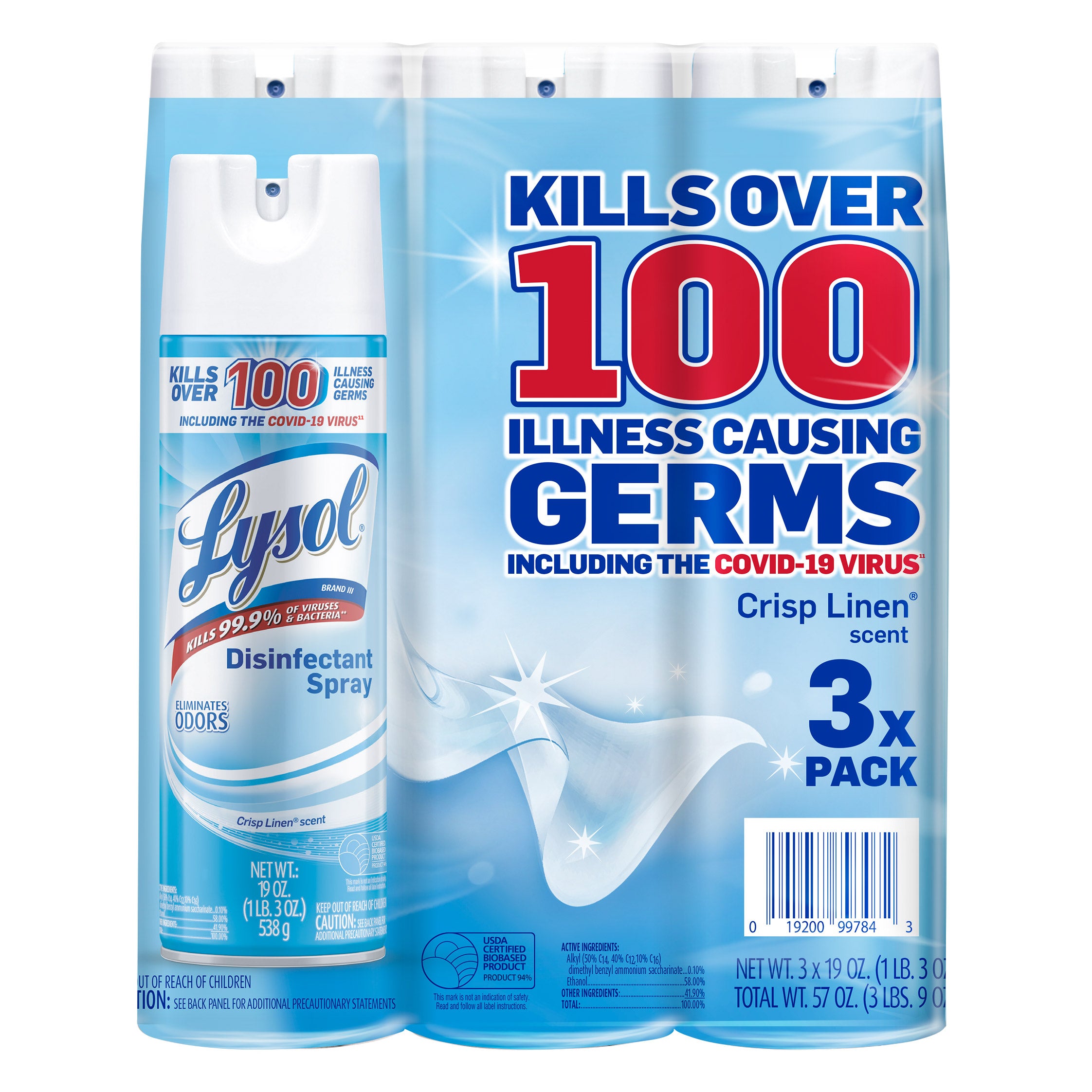 Lysol Disinfectant Spray, Crisp Linen, 19 oz, 3-Count