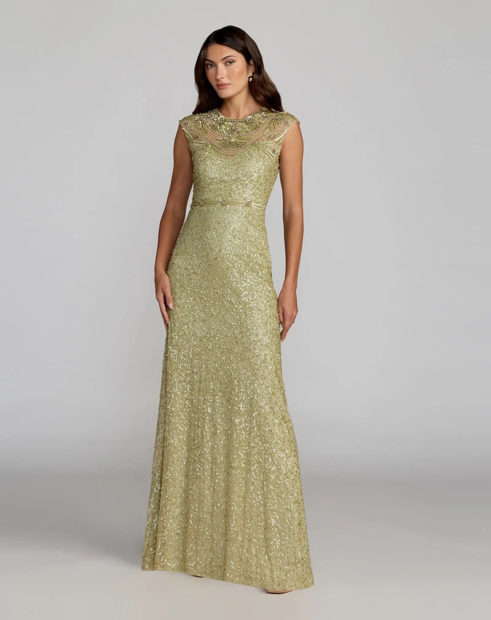 Image of Green Embellished High Neck Cap Sleeve Gown
