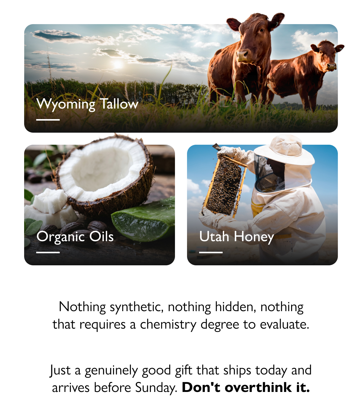 Wyoming Tallow Organic Oils Utah Honey Nothing synthetic, nothing hidden, nothing that requires a chemistry degree to evaluate. Just a genuinely good gift that ships today and arrives before Sunday. Don't overthink it.