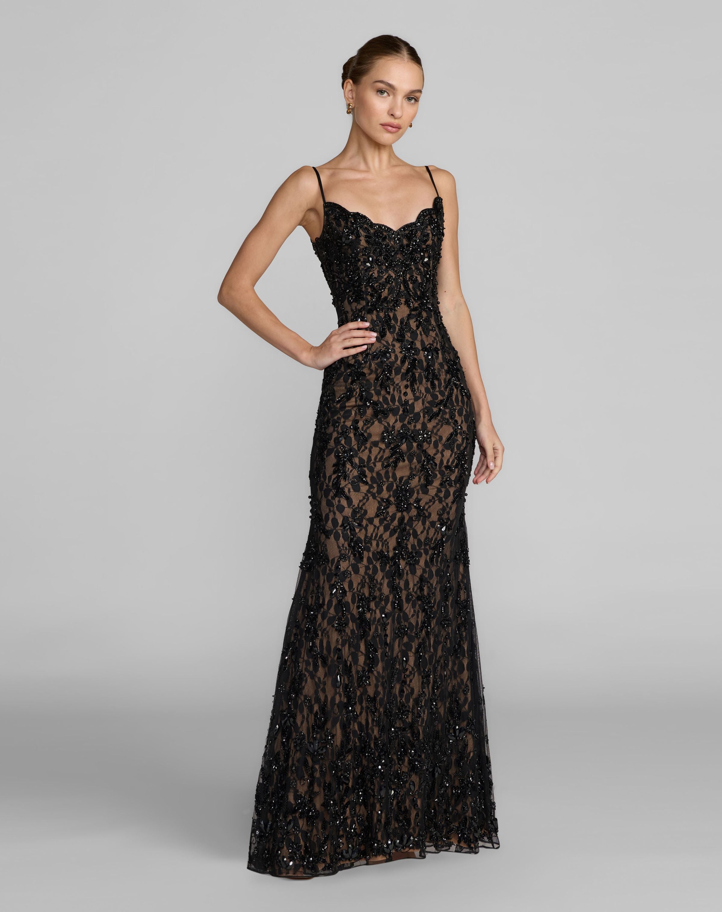 Image of Black Embellished Lace Sleeveless Gown