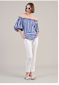 Sky Blue Button Down Shirt With White Vertical and Horizontal Embroidery