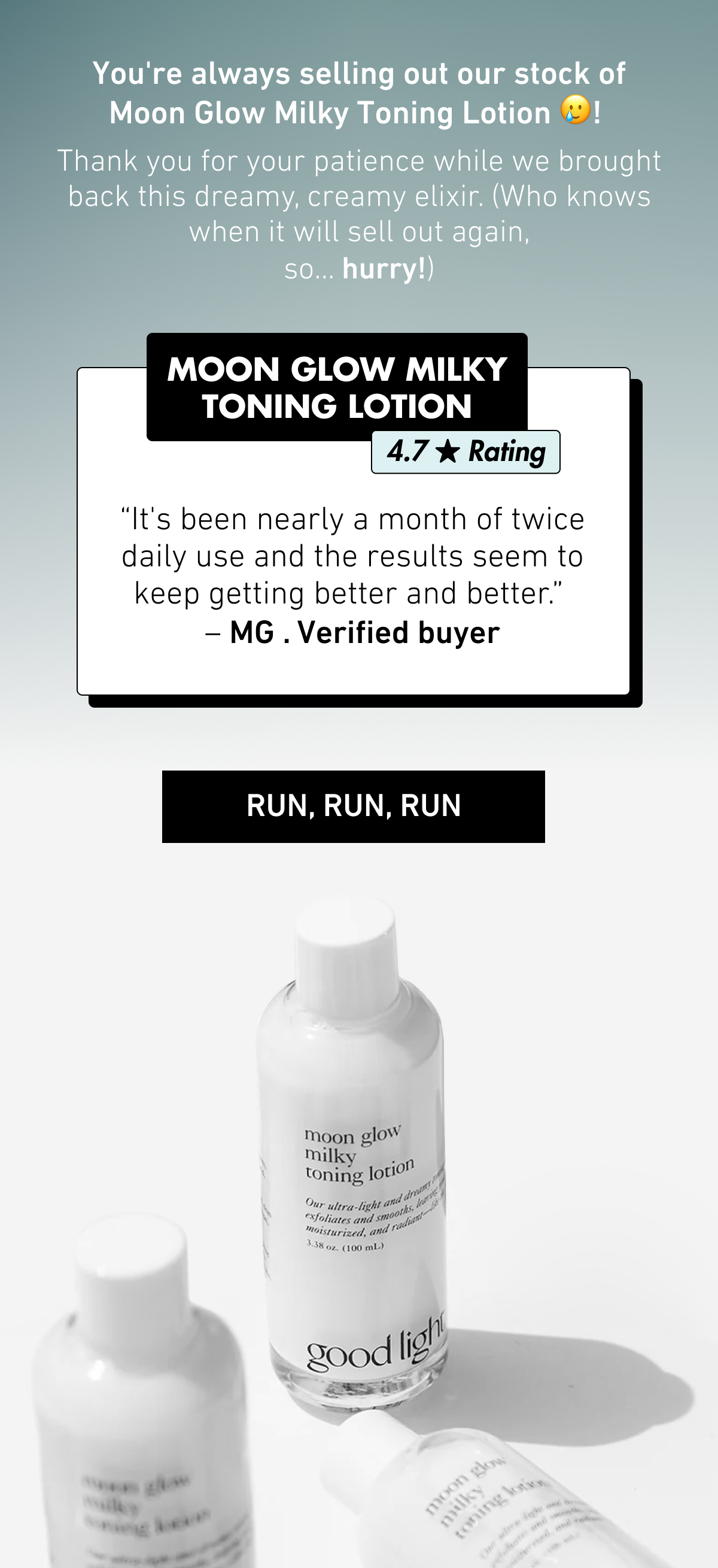 You're always selling out our stock of Moon Glow Milky Toning Lotion 🥲! Thank you for your patience while we brought back this dreamy, creamy elixir. (Who knows when it will sell out again, so… hurry!). Shop our toner 