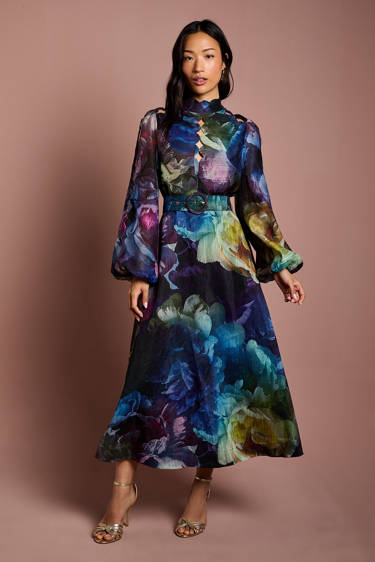 Long Sleeve Scallop Cut Out Detail Organza Midi Dress