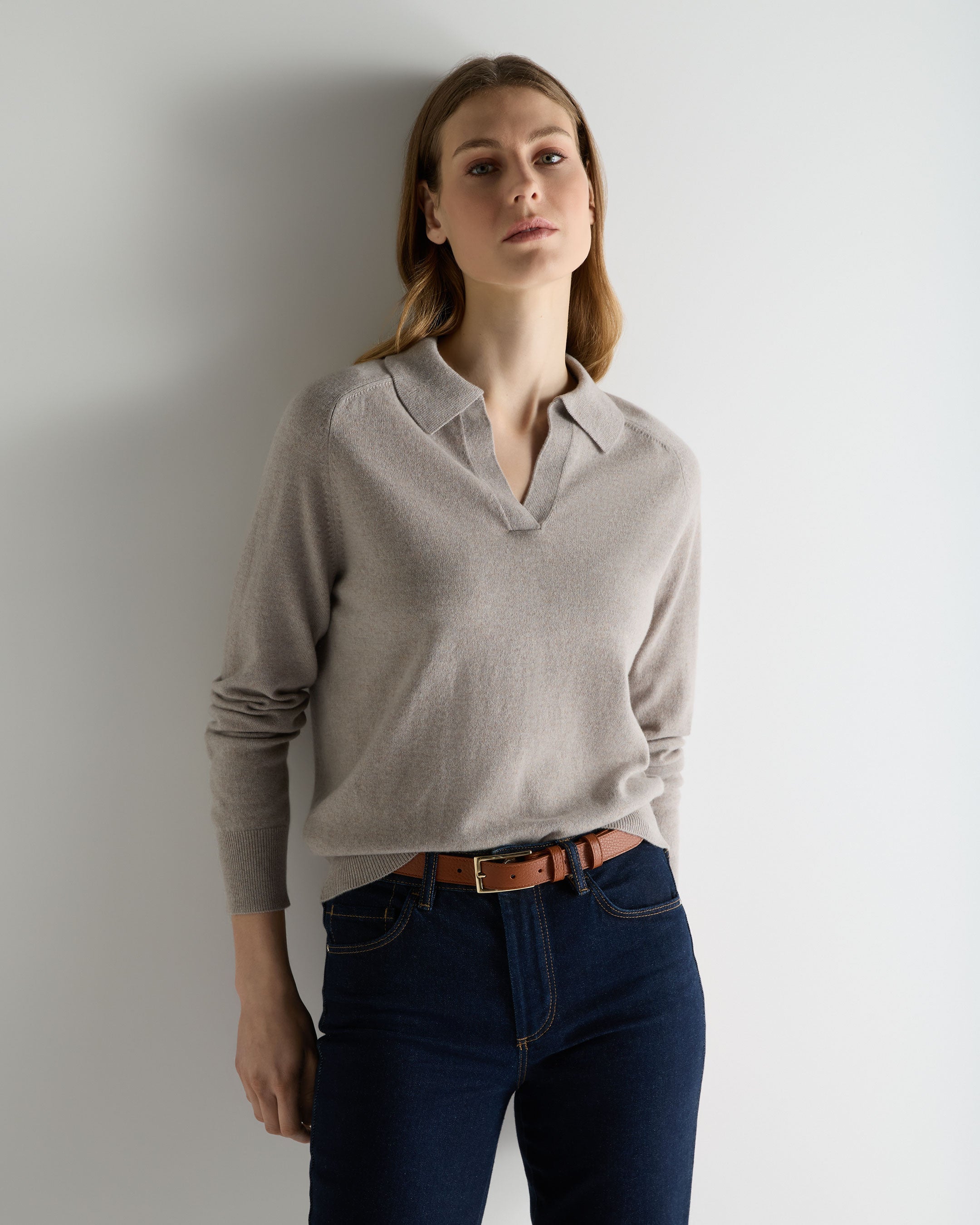 Image of Women's Harriet Cashmere Polo Shirt Oat Grey