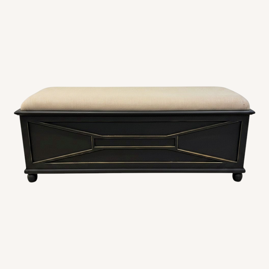 Image of Ballard Designs Navy Trunk With Linen Upholstered Bench Top