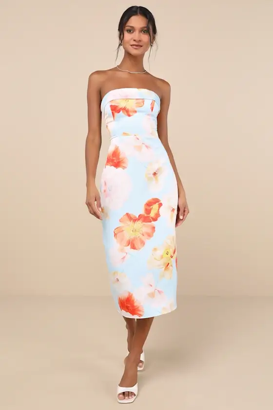 Image of Oriana Light Blue Floral Satin Strapless Midi Dress