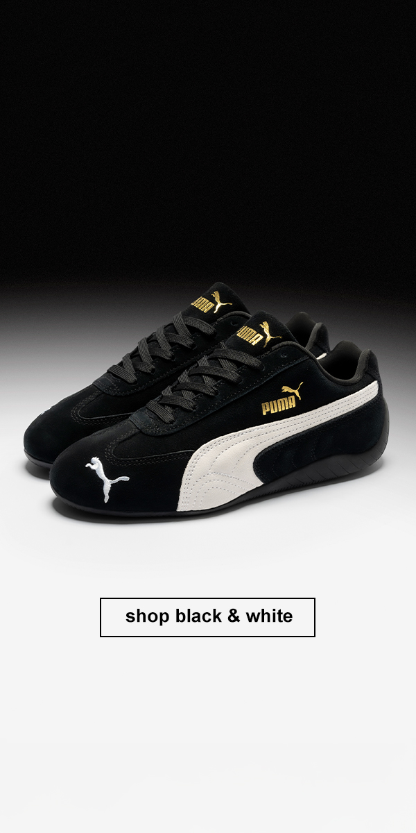 An image of a pair of black and white PUMA Speedcat trainers alongside the text 'shop black & white'