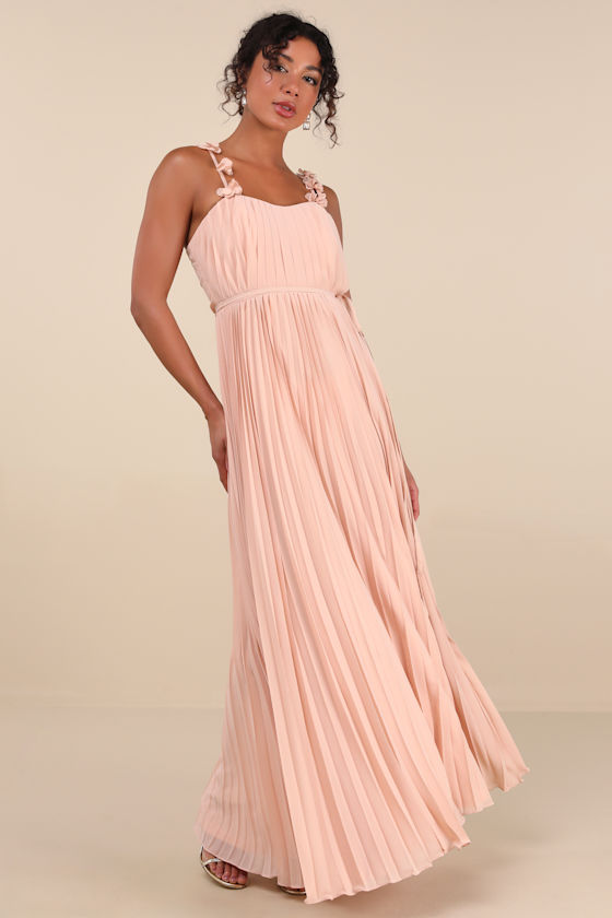 Image of Hera Blush Pleated Floral Applique Maxi Dress